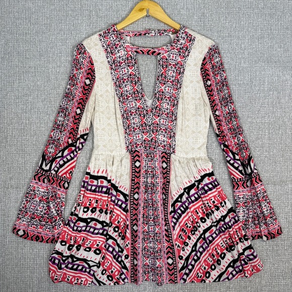 Free People Mini Dress‎ Sz S Boho Long Bell Sleeve Keyhole Festival Y2K Fairy - Picture 1 of 15